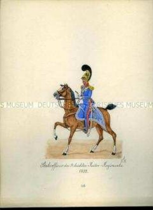 Uniformdarstellung, Stabsoffizier des 1. leichten Reiter-Regiments, 1832. Aus: Sammelmappe "Sachsens Militär", Königliche Arsenalsammlung.