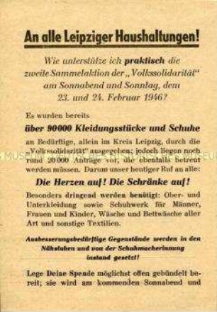 Handzettel mit einem Aufruf der Volkssolidarität zur Sammlung von Kleidungsstücken und Schuhen
