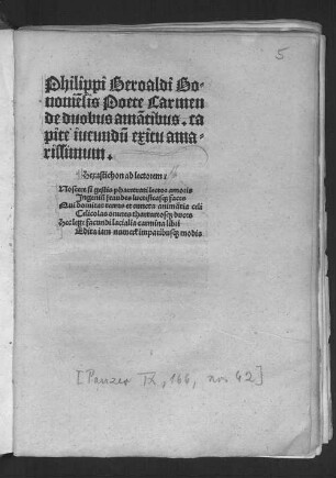 Philippi Beroaldi Bo=||noniẽsis Poete Carmen|| de duobus amãtibus. ca||pite iucundũ exitu ama= || rissimum
