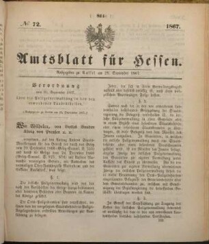 № 72. Ausgegeben zu Cassel am 28. September 1867.