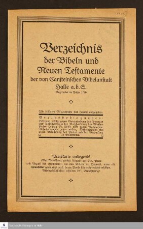 Verzeichnis der Bibeln und Neuen Testamente der von Cansteinschen Bibelanstalt Halle a. d. S. : gegründet im Jahre 1710