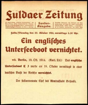 Erste Ausgabe vom Dienstag, den 20. Oktober 1914.
