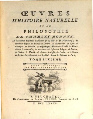 Oeuvres D'Histoire Naturelle Et De Philosophie De Charles Bonnet, De l'Académie Impériale Léopoldine &t de celle de St. Pétersbourg ..., 6. Essai Analytique Sur Les Facultés De L'Ame