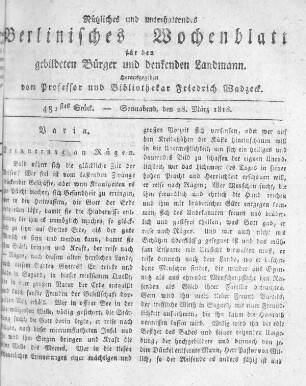 482stes Stück, Sonnabend den 28. März 1818