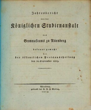 Jahresbericht der Königlichen Studienanstalt zu Nürnberg. 1819, 1819