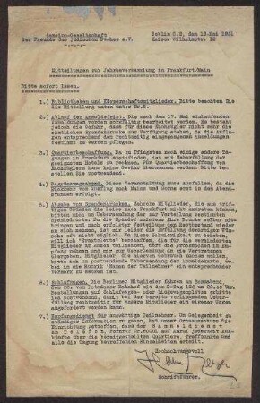 Informationsblatt zur Jahresversammlung der Soncino-Gesellschaft vom 24.-26. Mai 1931 in Frankfurt/Main