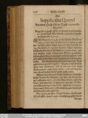 Ein Supplic oder Querel An einen Hoch-Edlen-Rath, in puncto depositi.