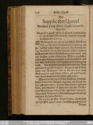 Ein Supplic oder Querel An einen Hoch-Edlen-Rath, in puncto depositi.