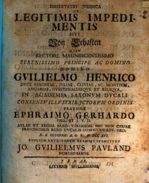 Diss. iur. de legitimis impedimentis, sive von Eehaften
