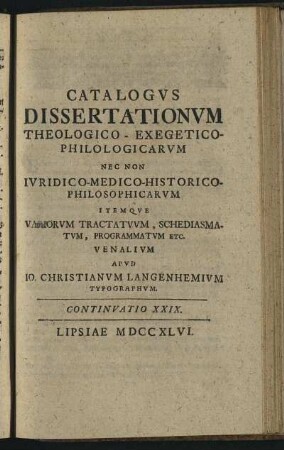 Continuatio XXIX. Lipsiae M DCC XLVI.