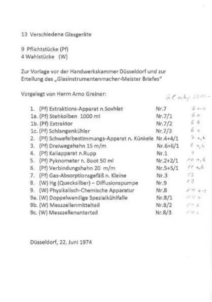 Arno Greiner, Liste der Meisterstücke