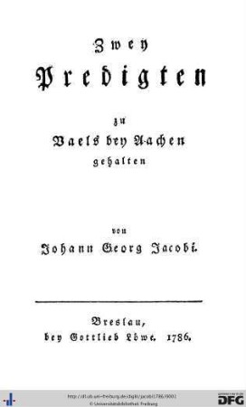 Zwey Predigten zu Vaels bey Aachen gehalten