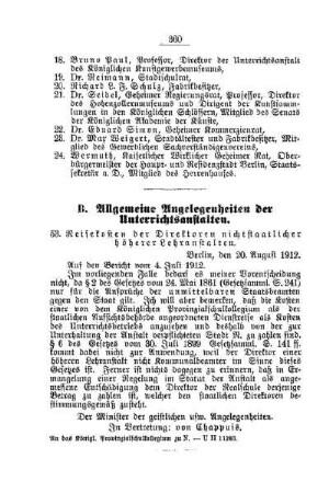 Reisekosten der Direktoren nichtstaatlicher höherer Lehranstalten : [D. Allgemeine Angelegenheiten der Unterrichtsanstalten]