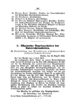 Reisekosten der Direktoren nichtstaatlicher höherer Lehranstalten : [D. Allgemeine Angelegenheiten der Unterrichtsanstalten]