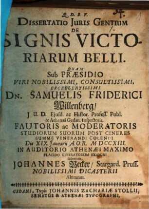 Dissertatio Juris Gentium De Signis Victoriarum Belli