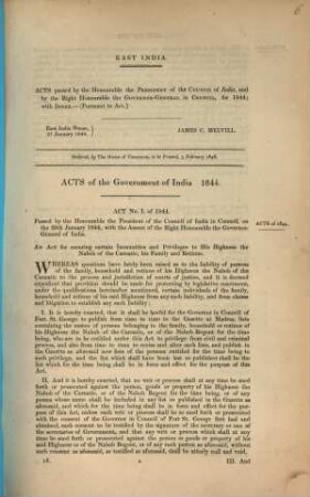 Acts passed by the president and the governor-general in council, for 1844; with index