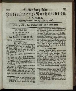 XIX. Stück. Sonnabends: den 13. May, 1786.