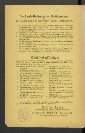 Verkaufs-Ordnung und Bedingungen für Rudolph Lepke's Berliner Kunst-Auctionen
