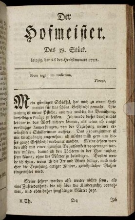 Das 39. Stück. Leipzig, den 26 des Herbstmonats 1752.