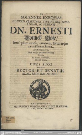 Ad solennes exequias Ernesti Gottlieb Bose invitat rector et senatus acad. Regiom.