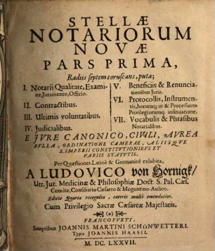 Stellae notariorum novae pars .... 1, Radiis septem coruscans ...