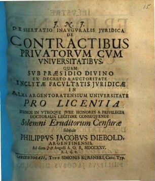 Dissertatio inavgvralis jvridica de contractibus privatorvm cvm vniversitatibvs