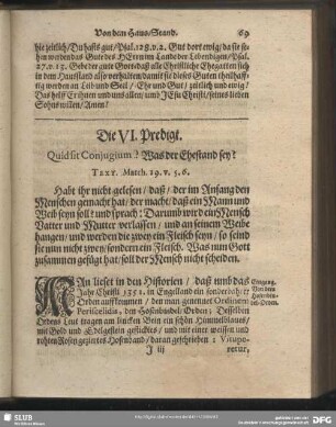 Die VI. Predigt. Quid sit Coniugium? Was der Ehestand sey?