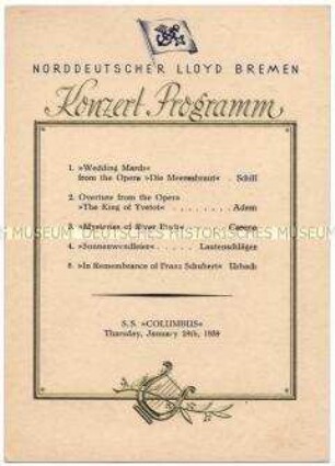 Programm eines Konzertes auf der "Columbus" am 19. Januar 1939 - Nachlass