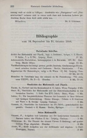Bibliographie vom 16. September bis 31. October 1888.