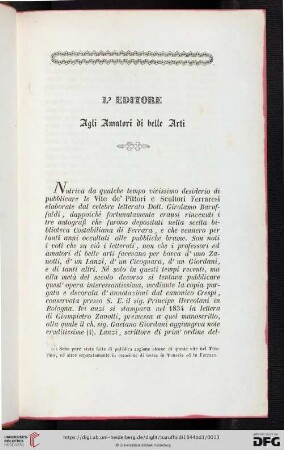 L' Editore agli Amatori di belle Arti
