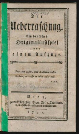 Die Ueberraschung : Ein deutsches Originallustspiel von einem Aufzuge