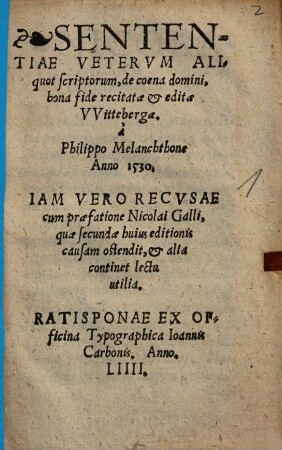 Sententiae Vetervm Aliquot scriptorum, de coena Domini