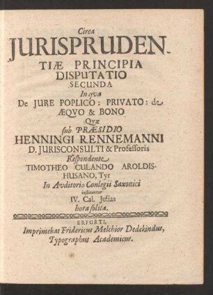 Circa Iurisprudentiae Principia Disputatio Secunda In qua De Iure Poplico: Privato: de Aequo & Bono