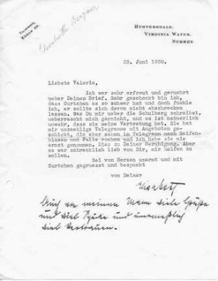 Korrespondenz von Elisabeth Bergner an Valerie von Martens