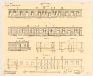 Garnisonslazarett, Göttingen Krankenpavillon II: Aufriss Südansicht, Westansicht, Ostansicht, Längsschnitt, Querschnitte 1:100