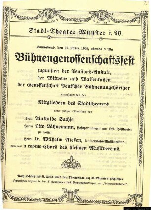 Bühnengenossenschaftsfest zugunsten der Pensions-Anstalt, der Witwen- und Waisenkassen der Genosssenschaft Deutscher Bühnenangehöriger