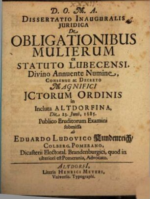 Diss. inaug. iur. de obligationibus mulierum ex statuto Lubecensi