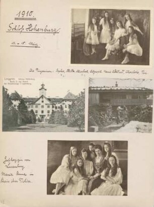 oben: Prinzessinnen von Luxemburg Sophie, Hilda, Elisabeth, Erbgroßherzogin Marie Adelheid, Charlotte und Toni in Schloss Hohenburg links Mitte: Schloss Hohenburg in Lenggries rechts Mitte: Partie am Faller Hof in der Nähe von Schloss Hohenburg unten: Großherzogin Maria Anna von Luxemburg mit ihren Töchtern Marie Adelheid, Charlotte, Hilda, Antonia (Toni), Elisabeth und Sophie