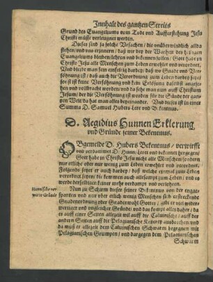 D. Aegidius Hunnen Erklerung und Gründe seiner Bekentnus.