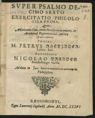 Super Psalmo Decimo Sexto Exercitatio Philologica Prima