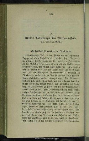 IX. Kleinere Mittheilungen über Alterthums-Funde