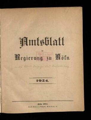 Amtsblatt der Regierung zu Köln / 1924