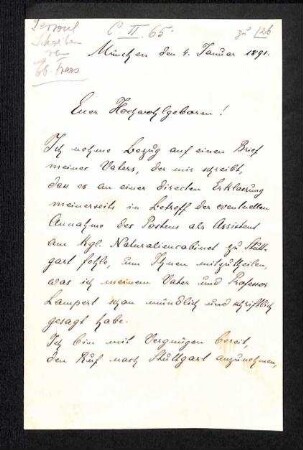 Schreiben Eberhard Fraas zur Bestätigung der Annahme der Konservatorenstelle in Stuttgart