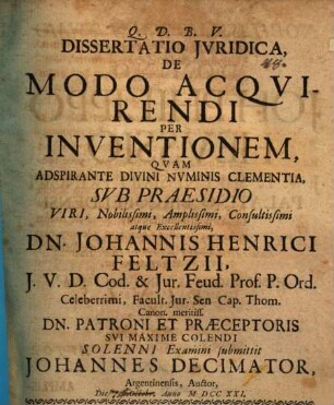 Diss. iur. de modo acquirendi per inventionem