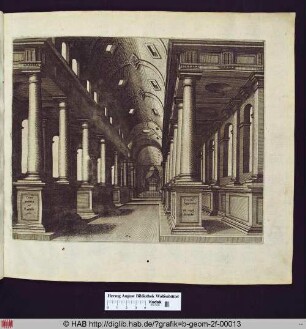 Blick in eine Kirche, der Fluchtpunkt befindet sich rechts, das Tonnengewölbe wird gestützt durch Säulen in toskanischer Ordnung, die sich auf Sockeln befinden.