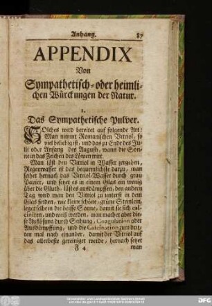 Appendix Von Sympathetisch- oder heimlichen Würckungen der Natur.