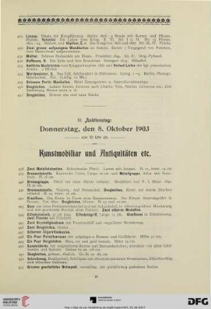 III. Auktionstag: Donnerstag, den 8. Oktober 1903: Kunstmobiliar und Antiquitäten etc. (Nr. 438- 645)