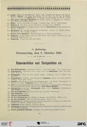 III. Auktionstag: Donnerstag, den 8. Oktober 1903: Kunstmobiliar und Antiquitäten etc. (Nr. 438- 645)