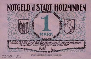 Notgeld der Stadt Holzminden 1922 1 Mark