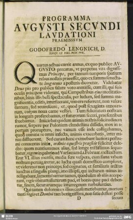 Programma Augusti Secundi Laudationi Praemissum A Godofredo Lengnich, D.